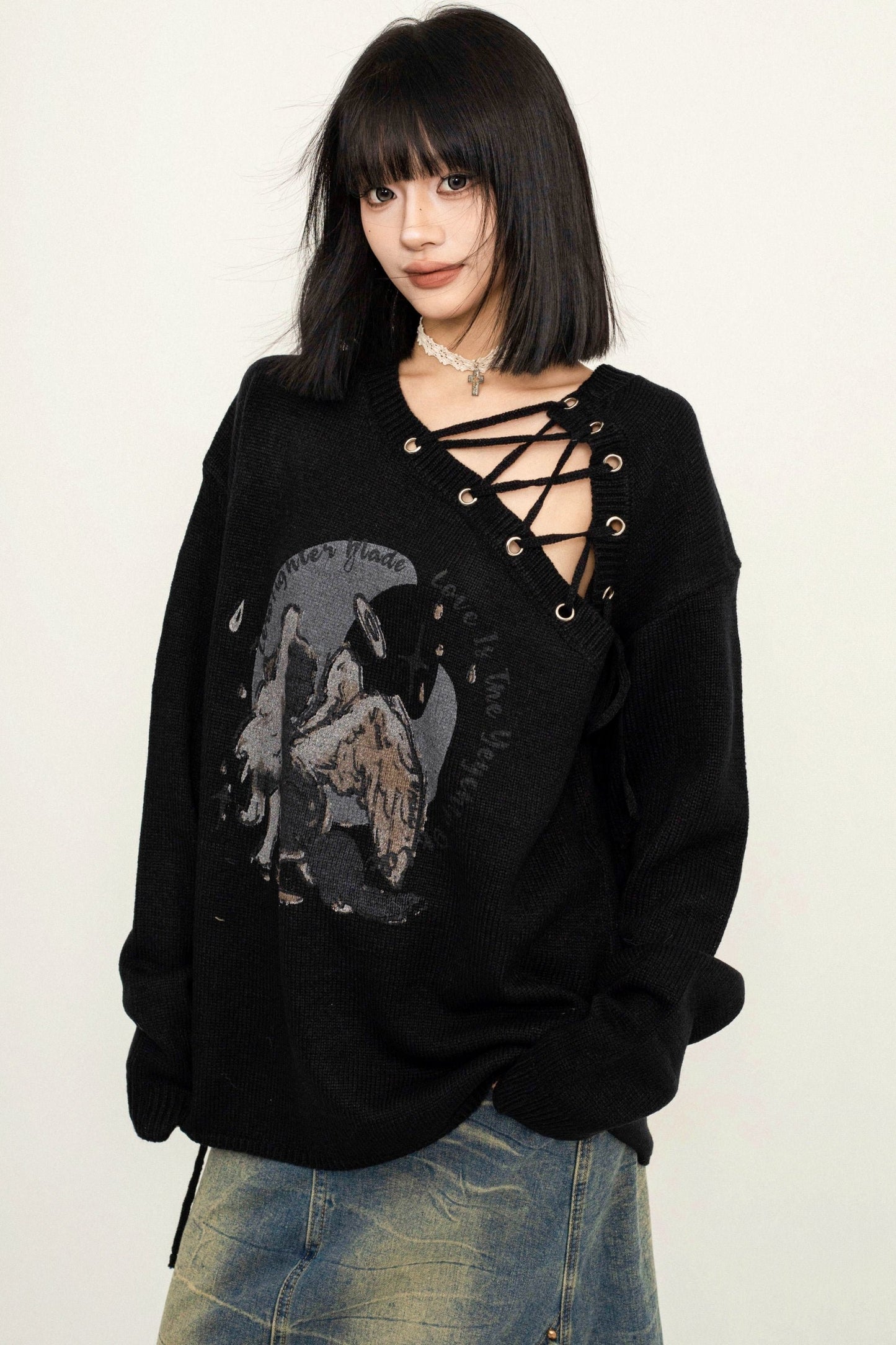 OCTTFLAB Fall/Winter New Off-the-Shoulder Lace-up Design Loose Sweater Pullover Slim Printed Knit Sweater Women