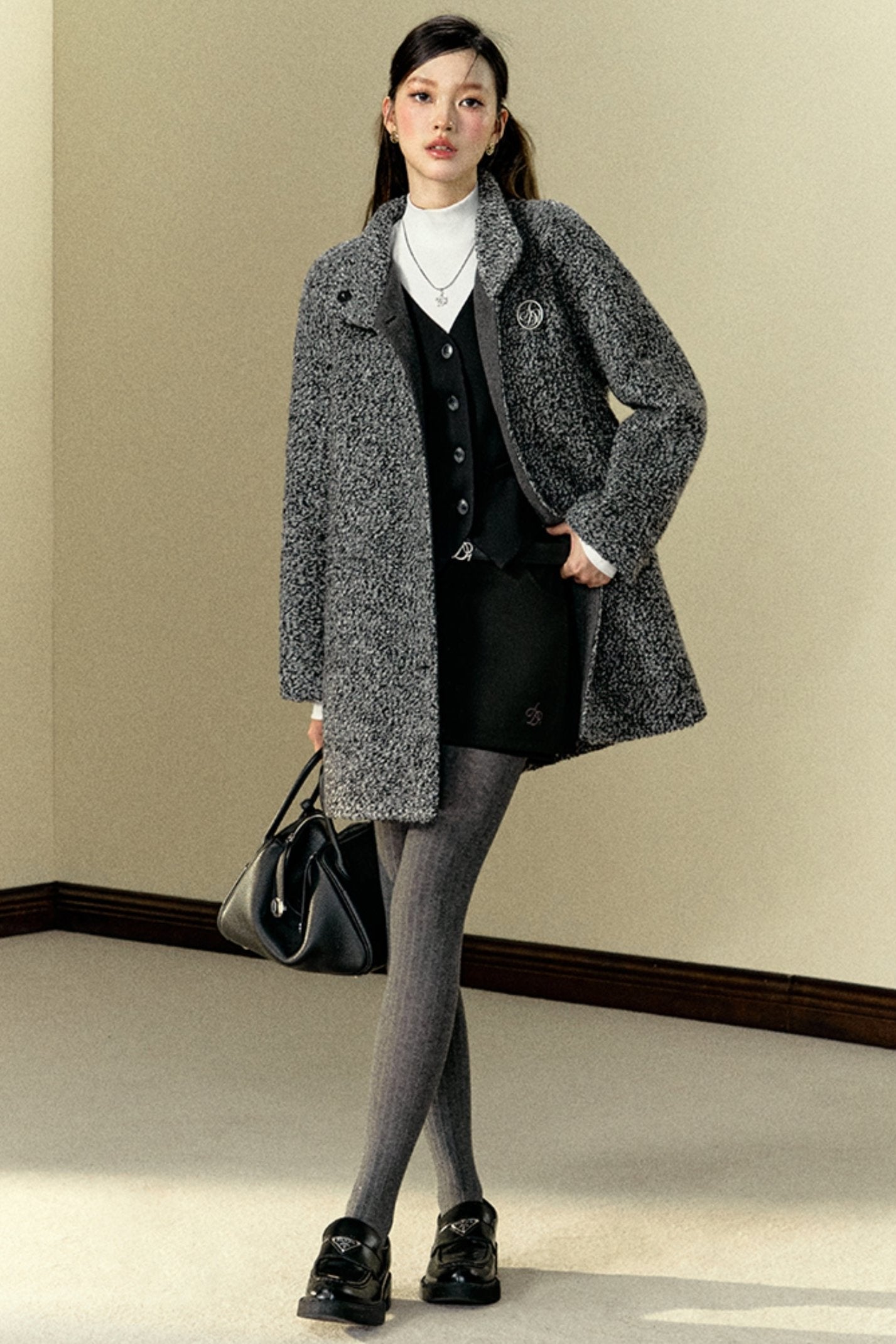 Mid-Length Woolen Stand-Collar Coat