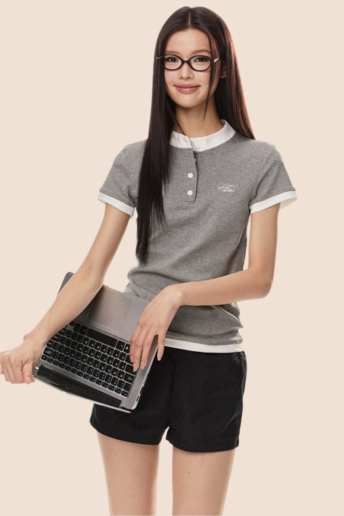 EZEK 아메리칸 레트로 페이크 투피스 그레이 반팔 티셔츠 여성 여름 신상 슬림 심플하고 다재다능한 대비 톱 