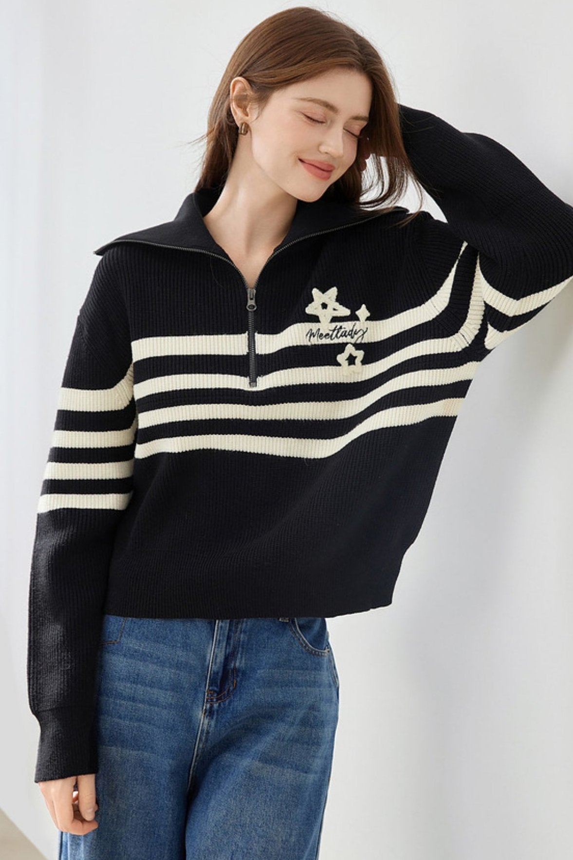 Athleisure Half Zipper Striped Sweater