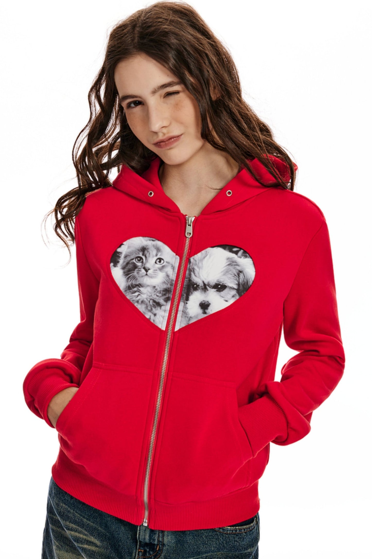 APEA American lässig Gefühl Katze und Hund Liebe Nähen Reißverschluss Top Frauen neue schlanke Kapuze Strickjacke Sweatshirt Jacke