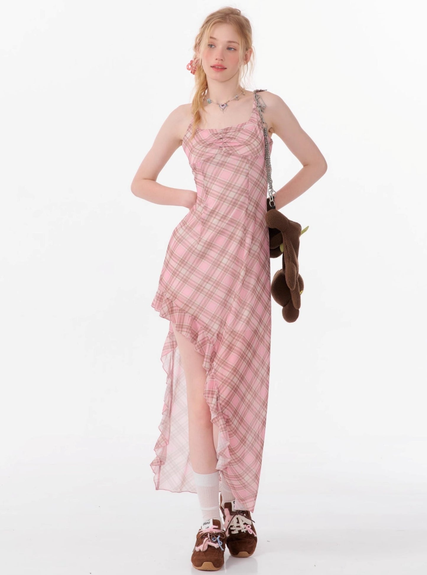 Pink Check Irregular Slip Dress