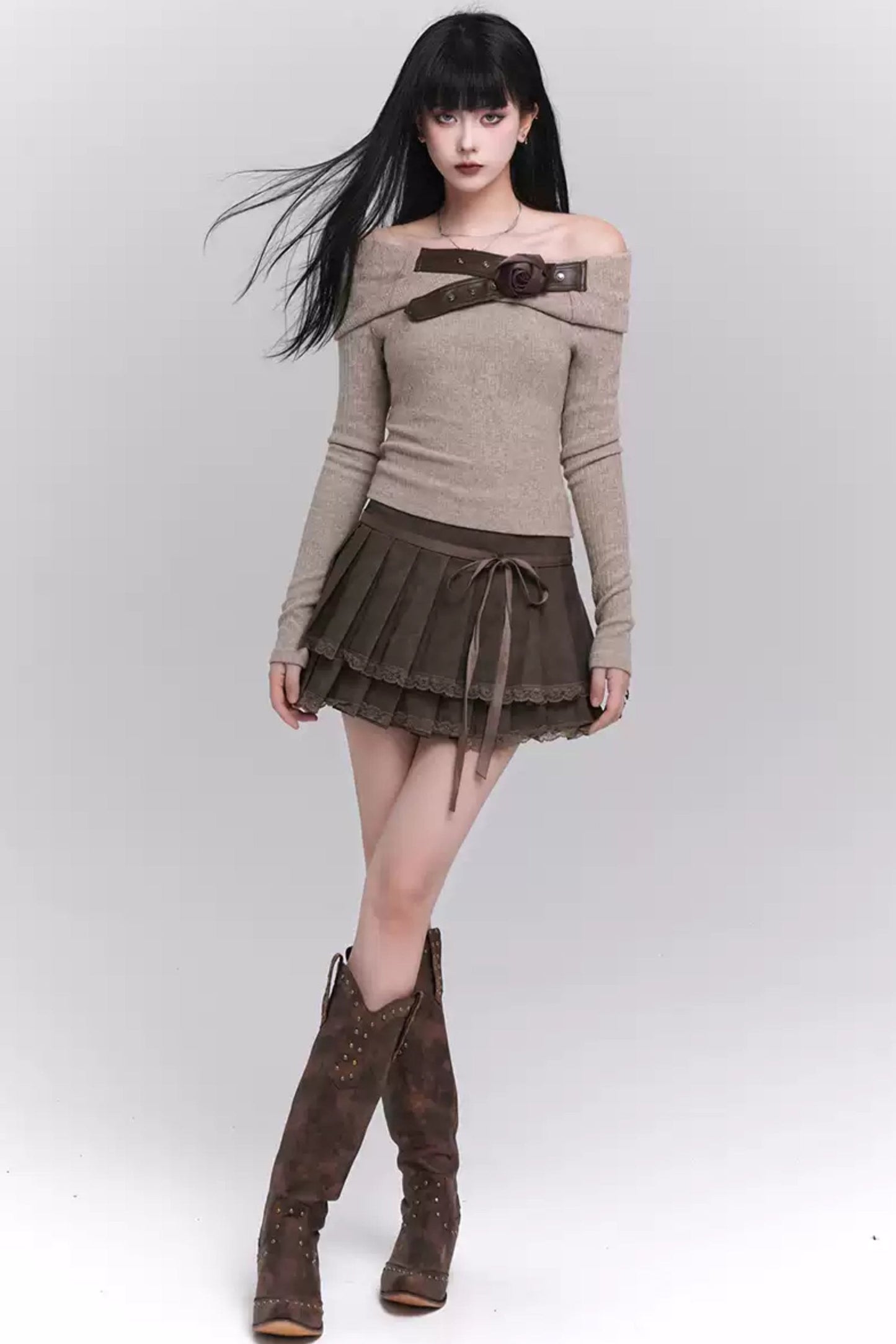 High-Waist Brown Leather Skirt