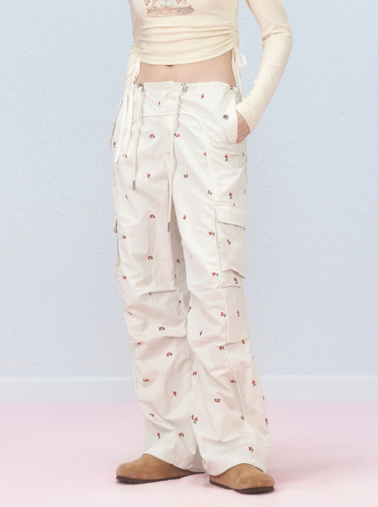 Cherry embroidered cargo pants