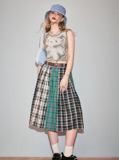 Check Stitch College Style Long Skirt