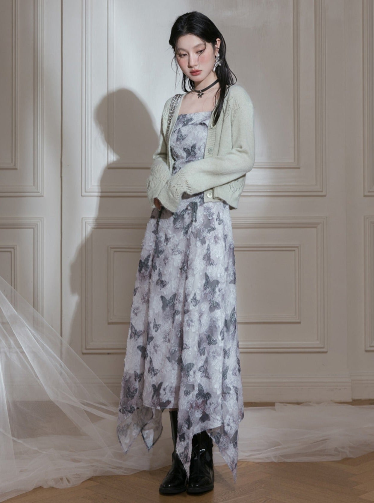 Butterfly Grey Printed Irregular Slip Dress