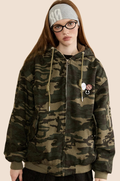 EZEK American Retro Lambswool Pile Thickened Camouflage Hooded Cotton Suit Women's Autumn and Winter Loose bf Cargo Jacket Tide