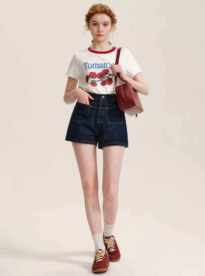 Contrast Topstitch Denim Shorts Pants