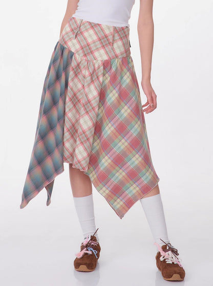 Contrast Stitching Pink Plaid Skirt