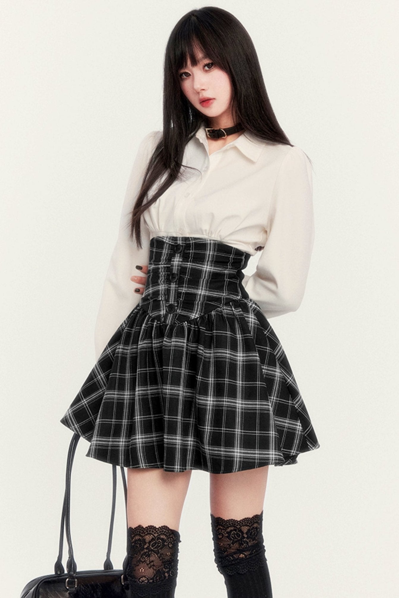 High WAIST HERRINGBONE CHECK STRAP SKIRT