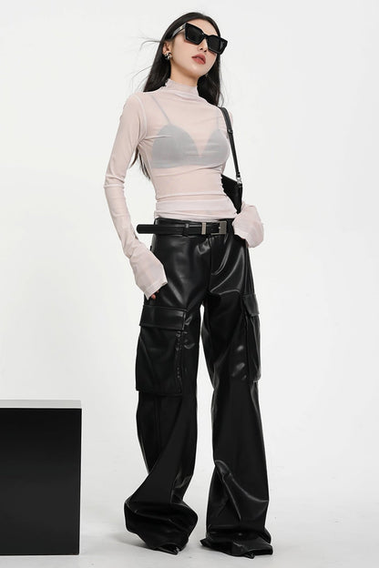 Street Style Shiny Leather Flared Pants