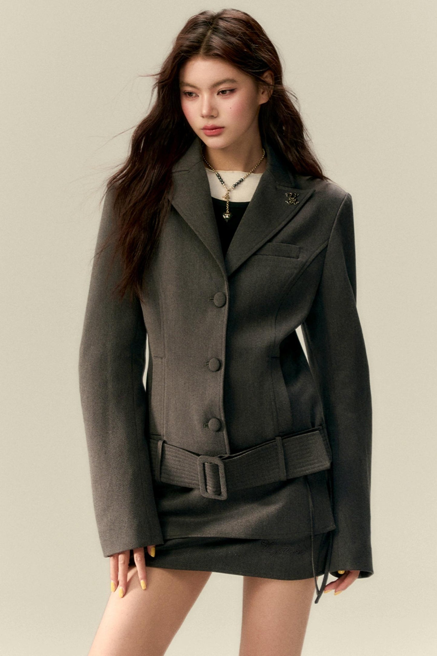 Wide Belt Cinched Denim Casual Jacket Set-Up