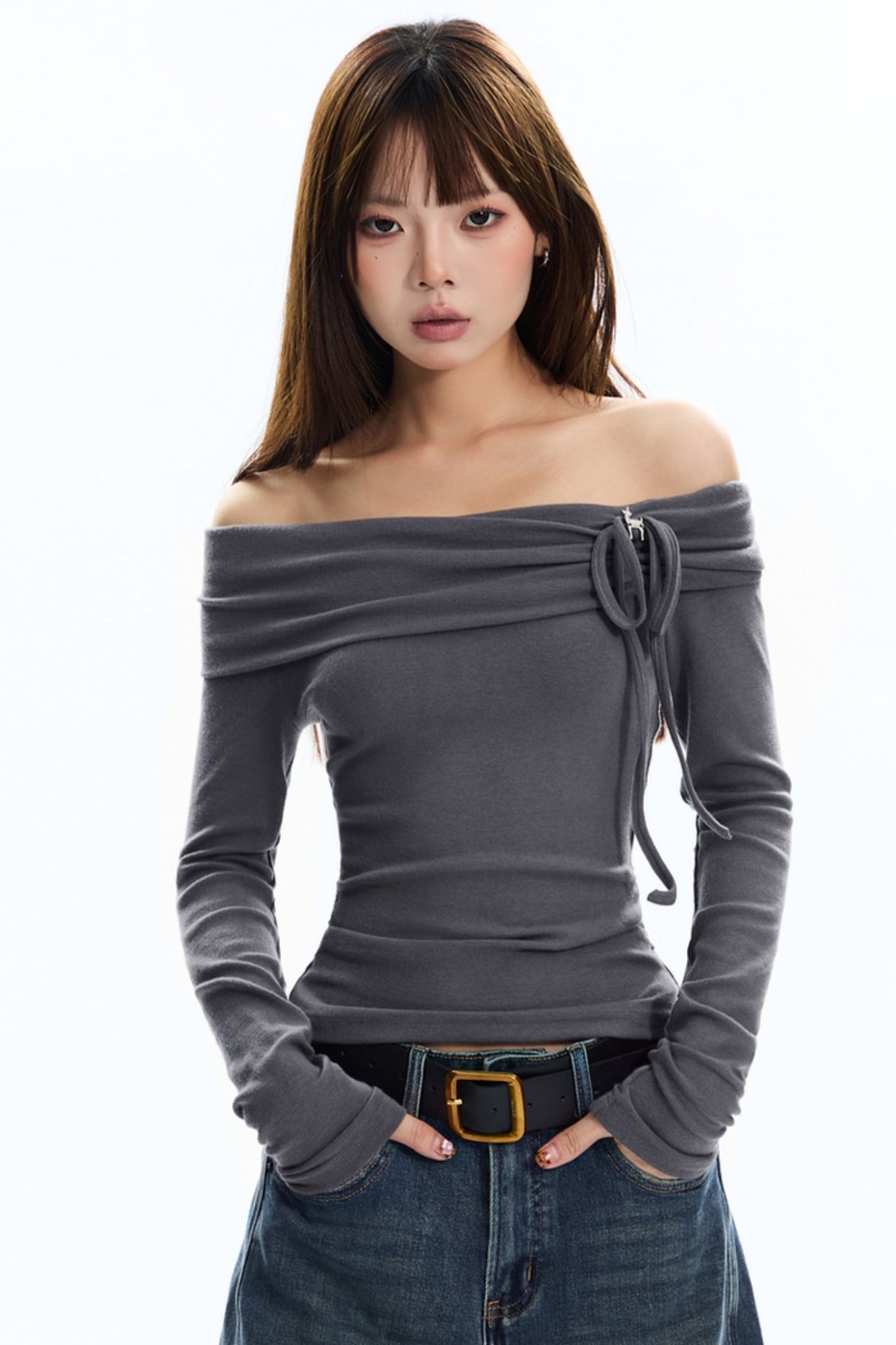 Pleated One-Shouder Bow Top