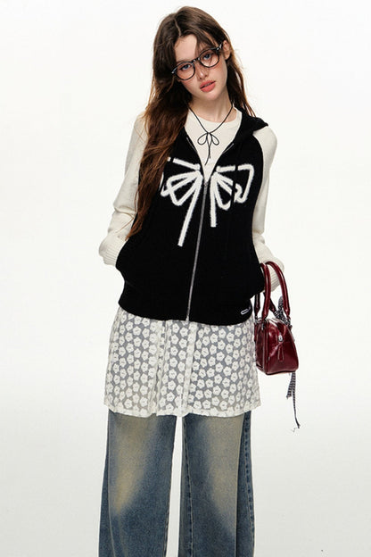 Fall Bow Knit Hooded Jacket