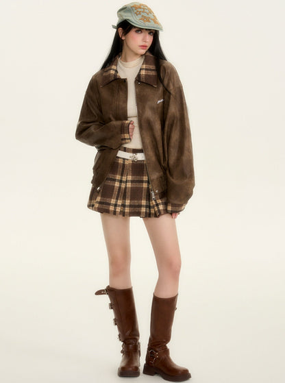 American paneled baseball leather jacket skirt set-up