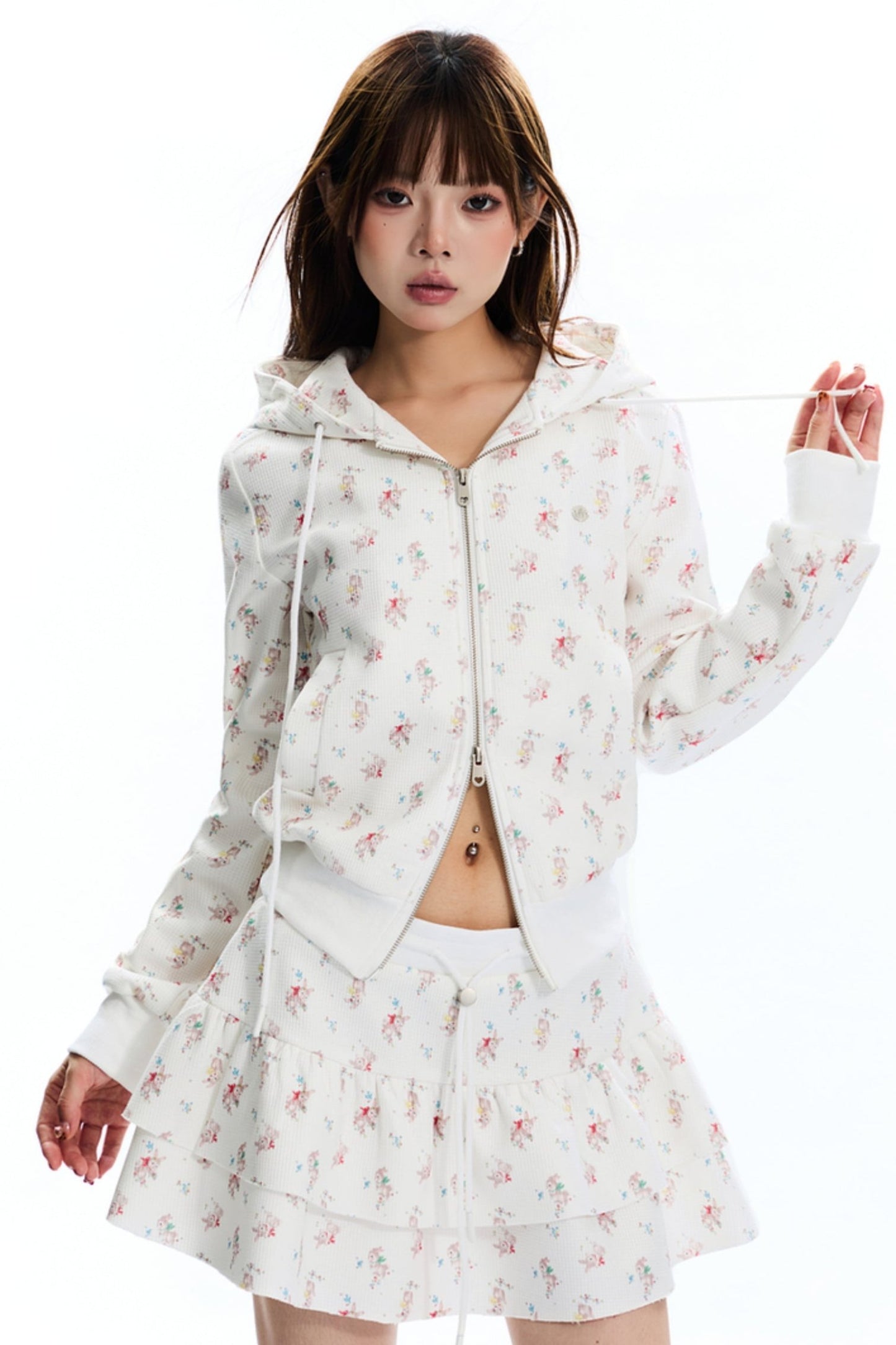 Floral Waffle Hooded Cardigan Jacket