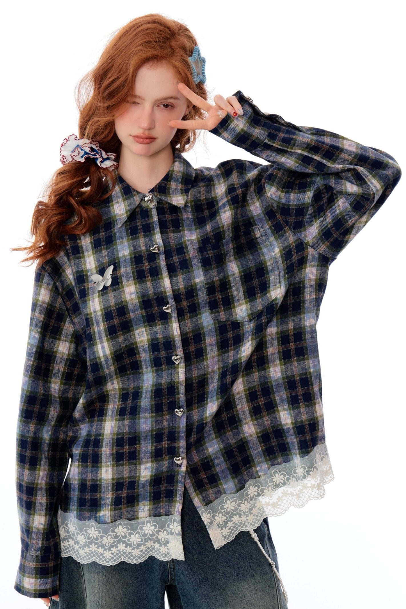 Blue Plaid Lace Stitch Loose Shirt