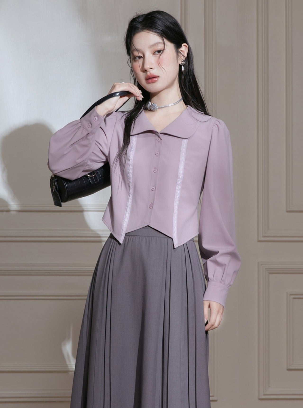 Doll Neck Waist Tie Purple Shirt