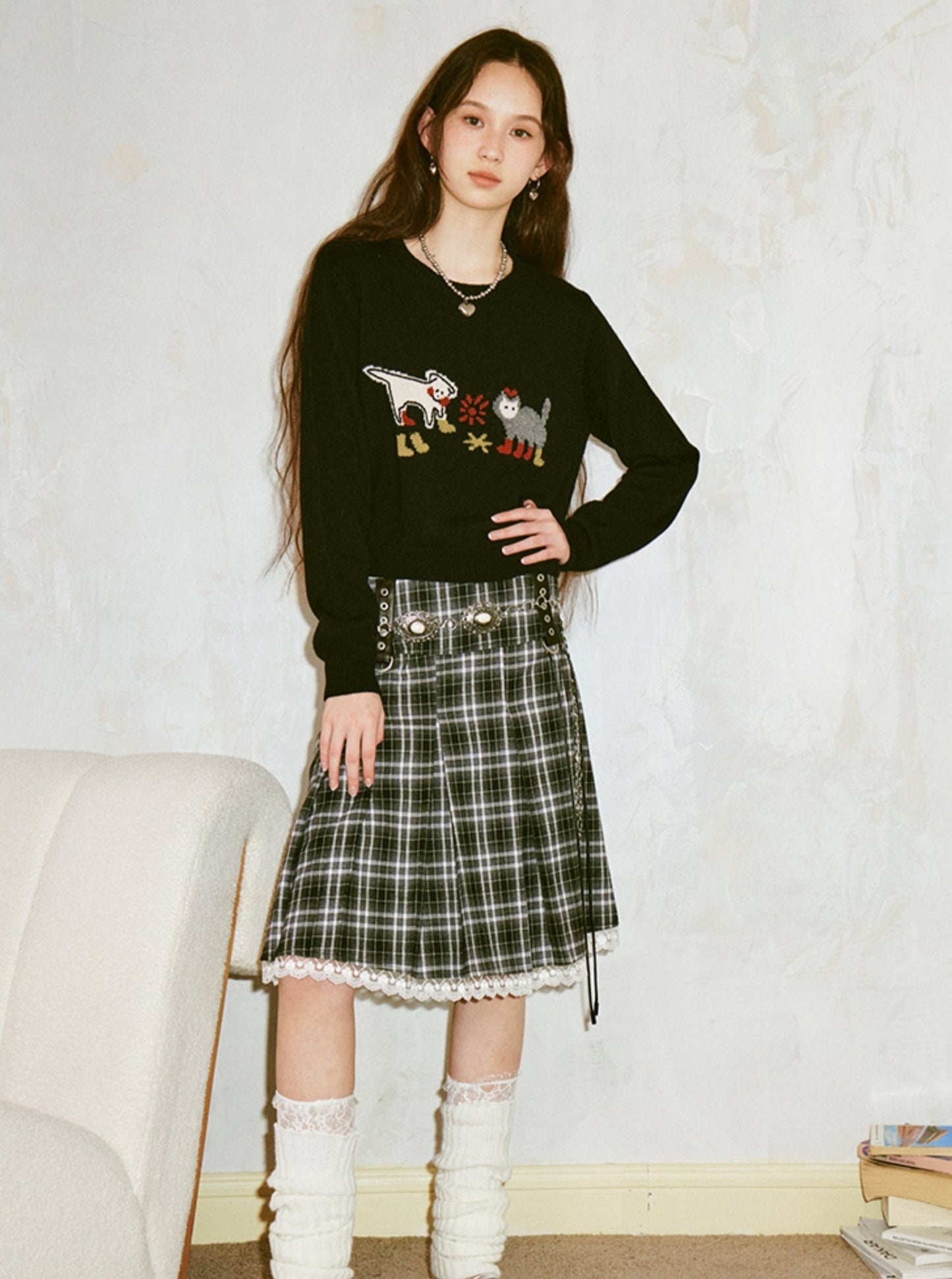 Vintage Elegant Lace Panelled Plaid Skirt