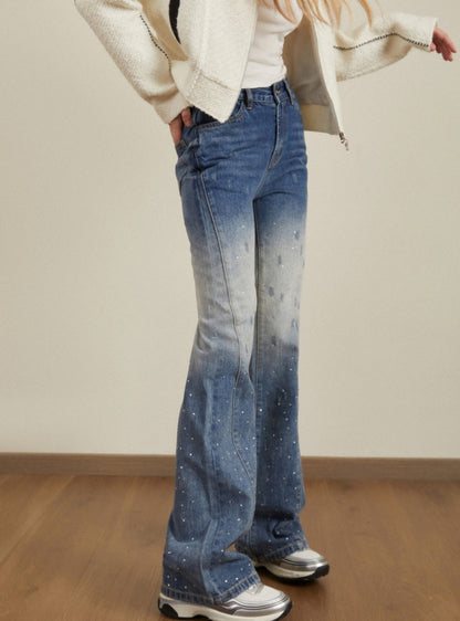 Rhinestone Denim Blue Jeans Pants