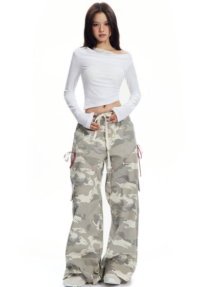 APEA American Vintage Print Drawstring Camouflage Cargo Pants 2024 Sommer Neue Loose Straight Casual Wide-leg Pants