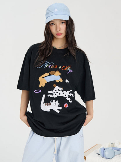 Cat Dog Embroidered T-shirt