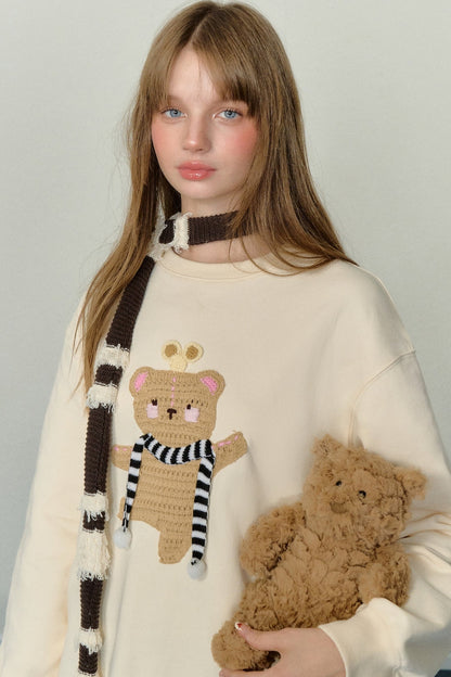 AYF Clockwork Dancing Bear Pullover Sweatshirt Pre-Fall French Vintage Embroidery Loose Slouchy Round Neck Sweatshirt Women