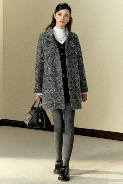 Mid-Length Woolen Stand-Collar Coat