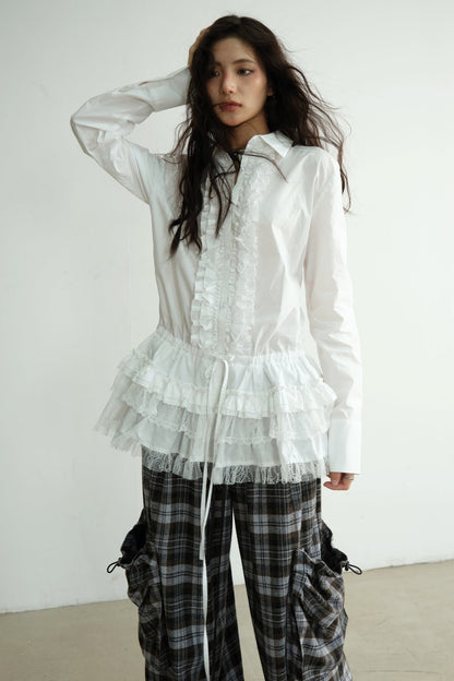 White Lace Tie-Waist Long Shirt