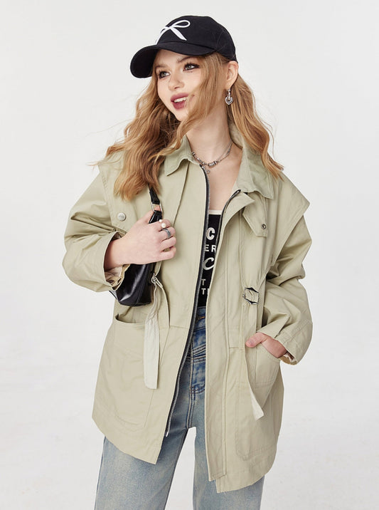 Pea Green Cargo Trench Coat