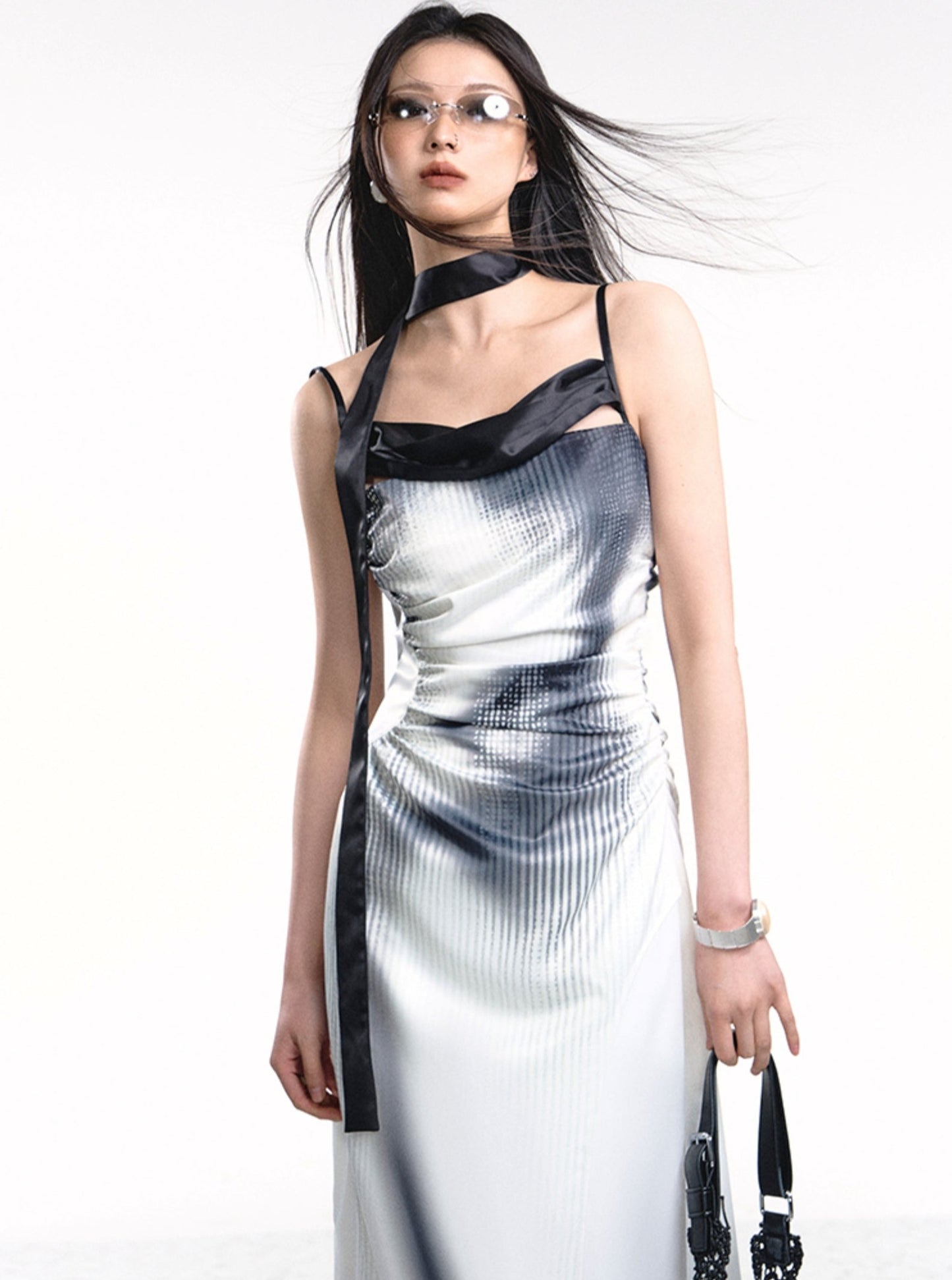 Textured Satin Ink Wash Patchwork Dress