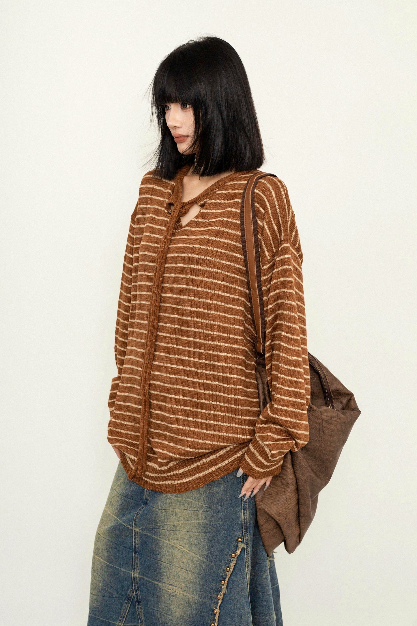 OCTTFLAB Fall/Winter Lazy Lace-up Striped Loose Sweater Women's 2024 New Hooded Pullover Knit