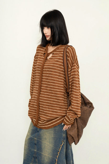 OCTTFLAB Herbst/Winter Lazy Lace-up Striped Loose Sweater Women's 2024 New Hooded Pullover Knit