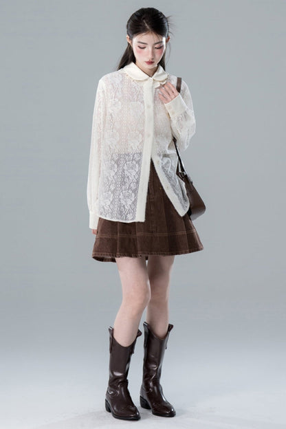 Lace Shirt Suspenders In Apricot Set