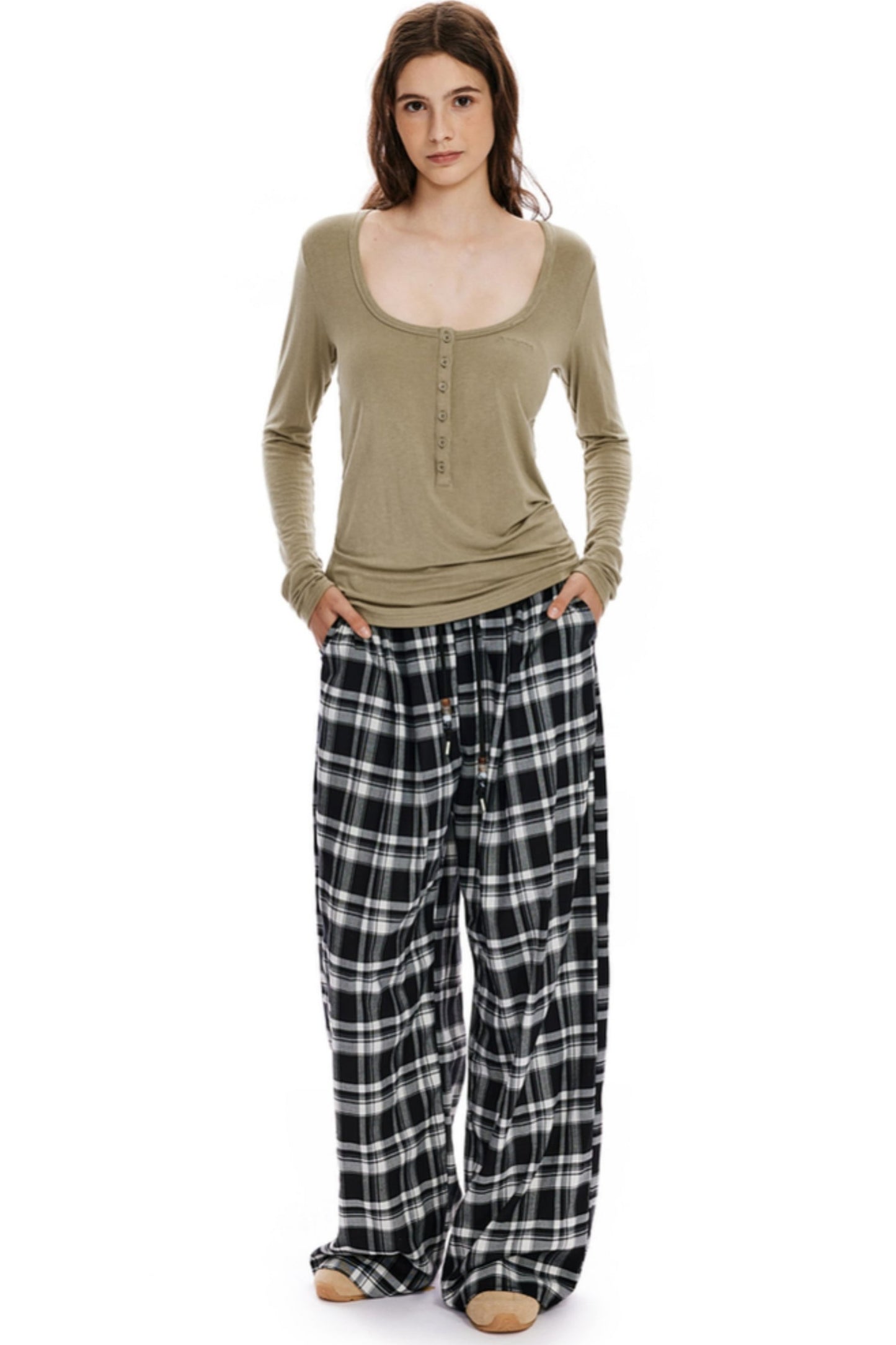 Checked Loose Wide-Leg Pants