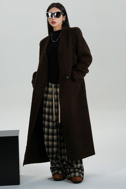 High-Quality Caramel Wool V-Neck Coat