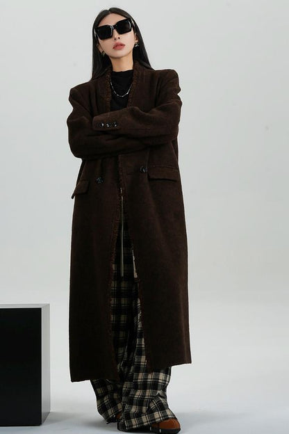 High-Quality Caramel Wool V-Neck Coat