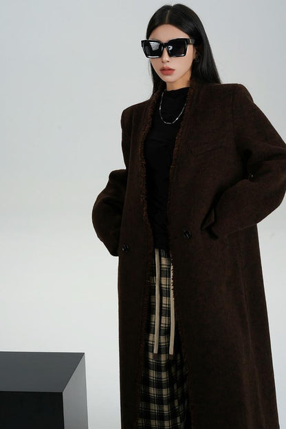 High-Quality Caramel Wool V-Neck Coat