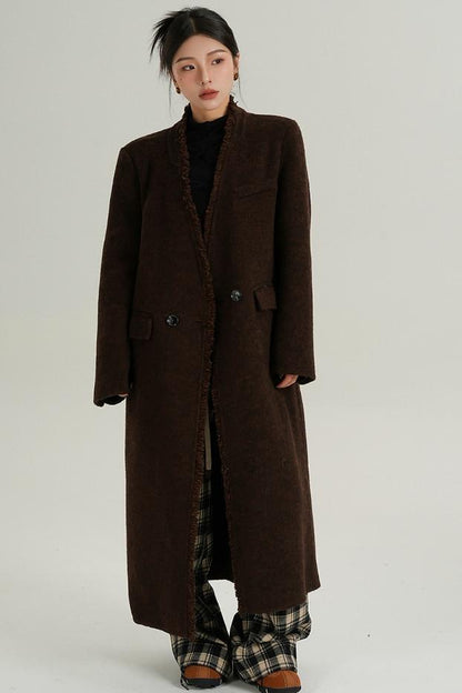 High-Quality Caramel Wool V-Neck Coat