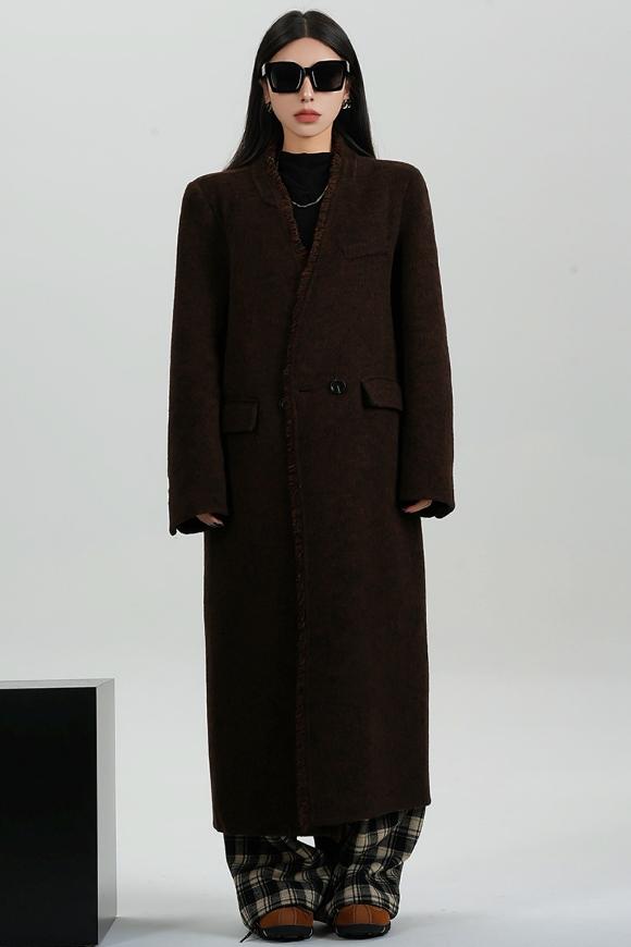 High-Quality Caramel Wool V-Neck Coat