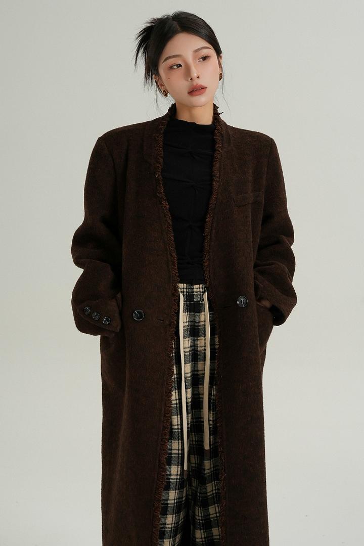 High-Quality Caramel Wool V-Neck Coat