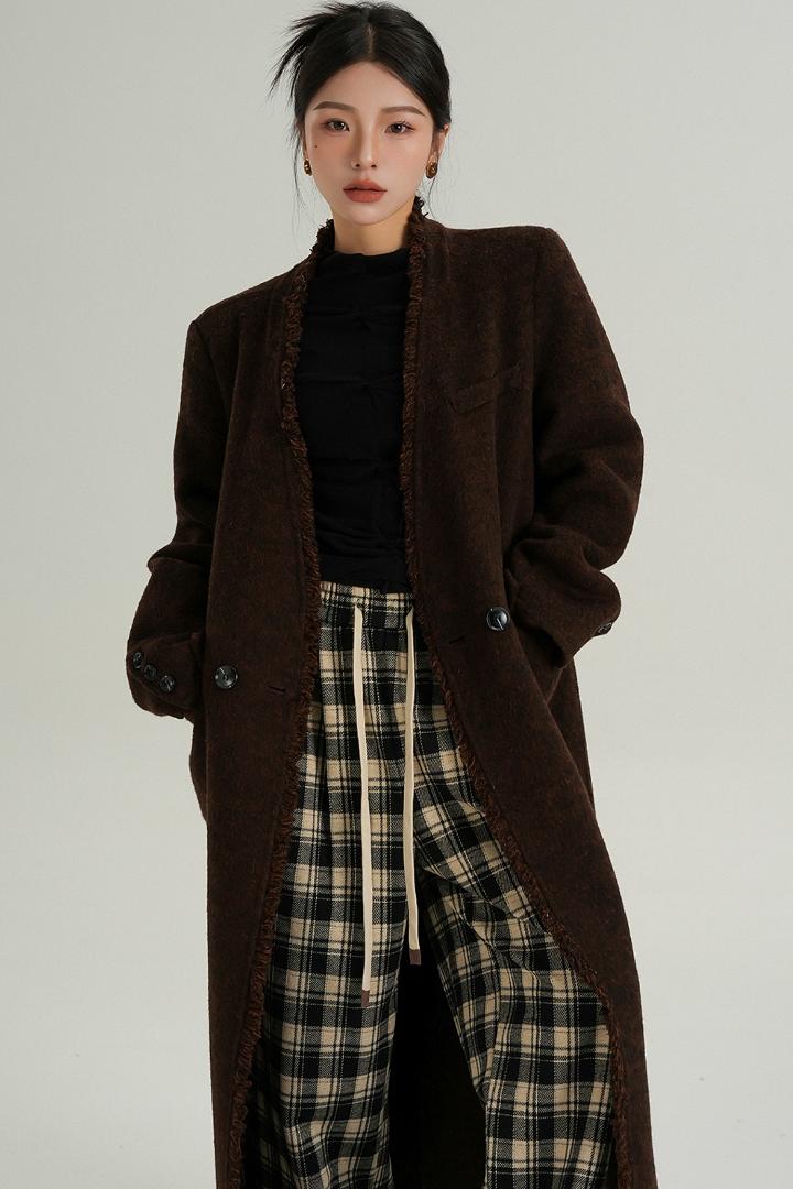 High-Quality Caramel Wool V-Neck Coat