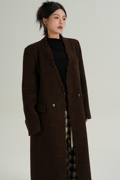 High-Quality Caramel Wool V-Neck Coat