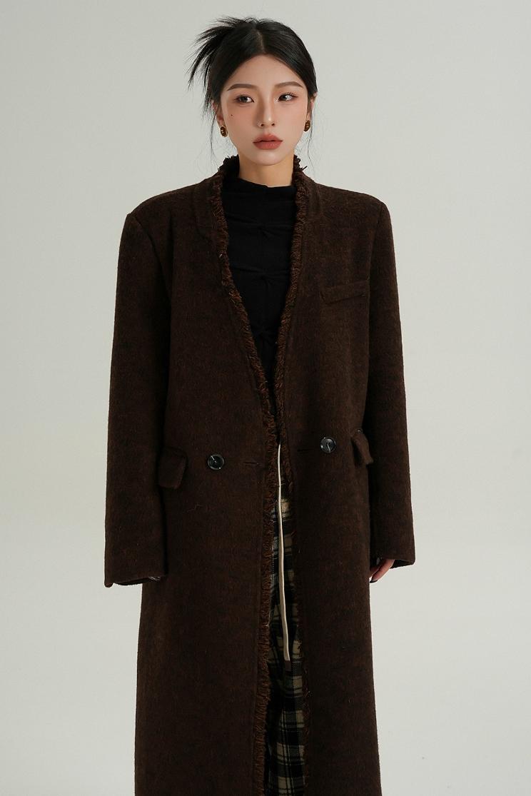 High-Quality Caramel Wool V-Neck Coat