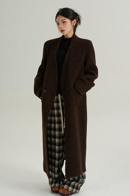 High-Quality Caramel Wool V-Neck Coat