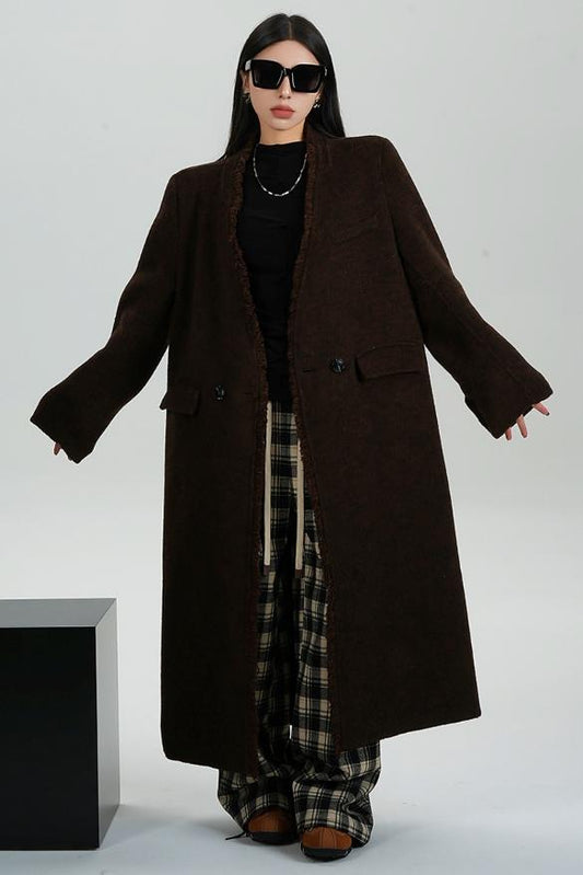 High-Quality Caramel Wool V-Neck Coat