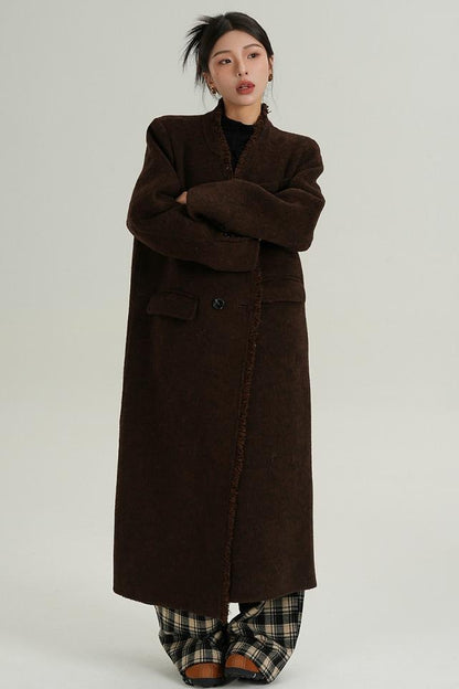 High-Quality Caramel Wool V-Neck Coat