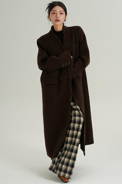 High-Quality Caramel Wool V-Neck Coat