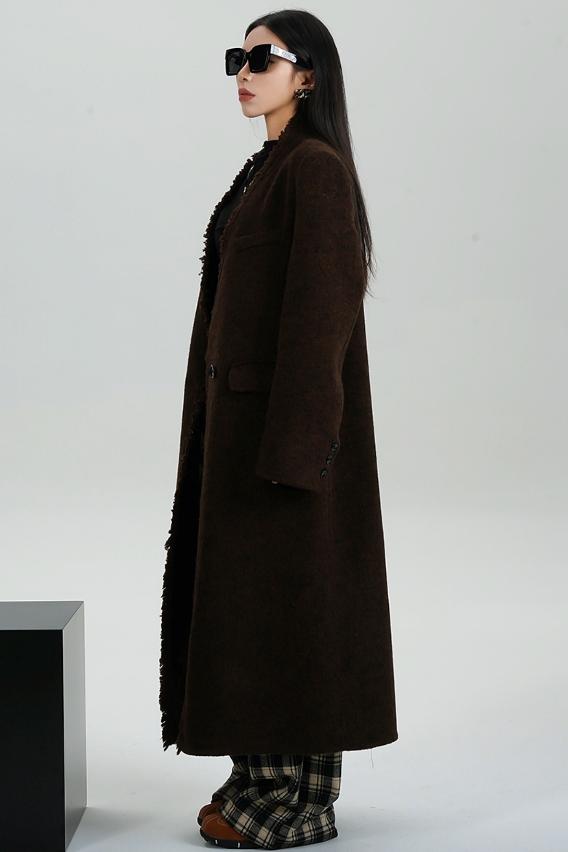 High-Quality Caramel Wool V-Neck Coat