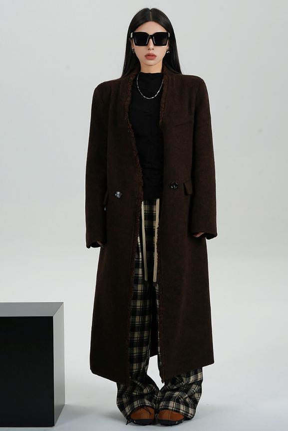 High-Quality Caramel Wool V-Neck Coat